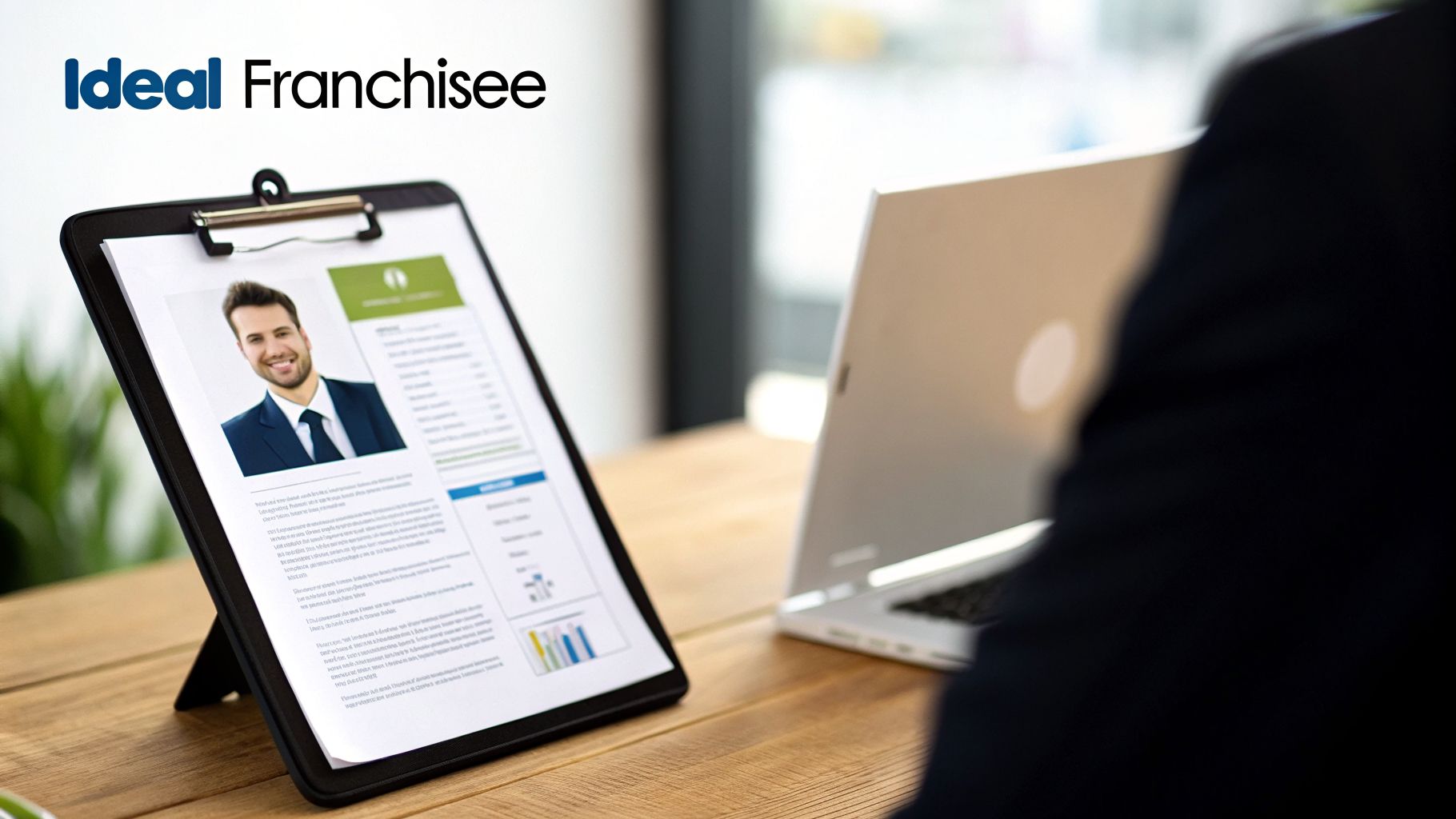 Professional resume for a potential franchisee with a smiling man's photo on a clipboard.